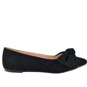 Women's Black Suede Flat Ballet With Bow Detail
